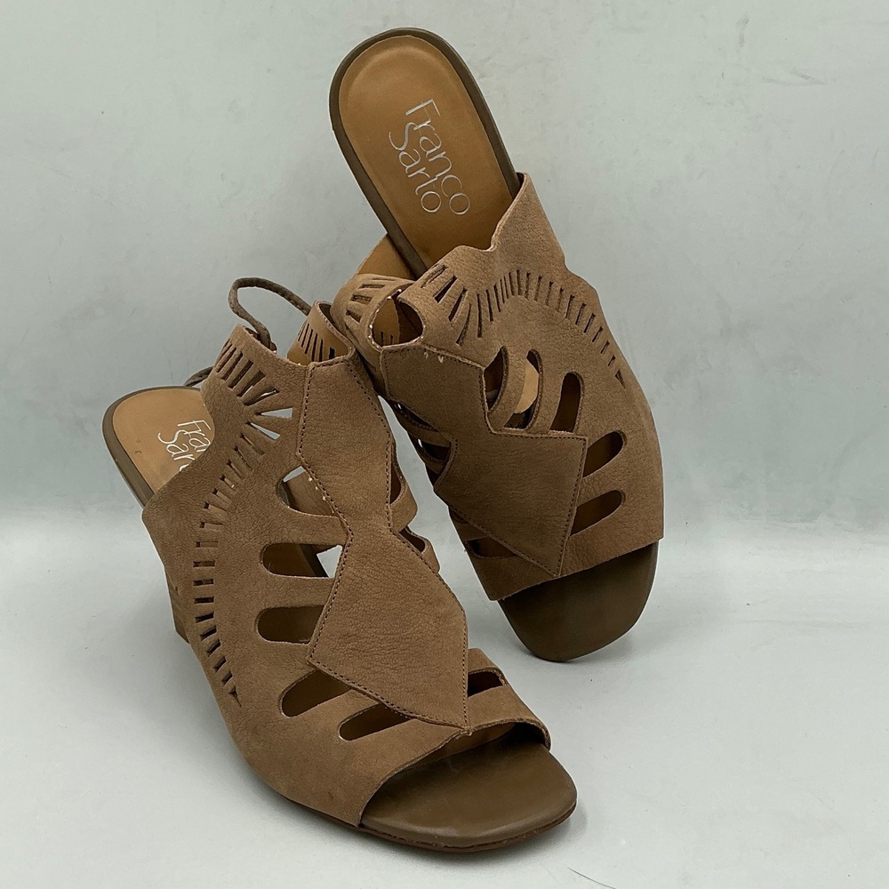 Franco Sarto Heeled Sandals Carolina 8M Mushroom Tan Leather Laser Cut Lace Up